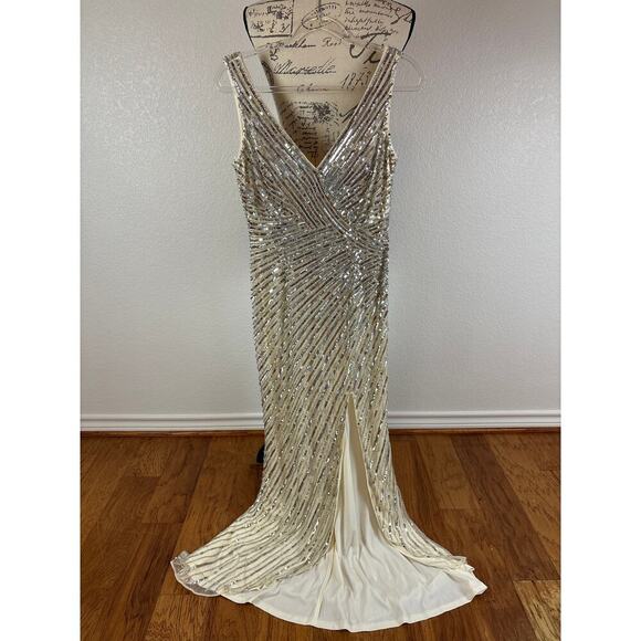 B59 Mac Duggal Long Gown Womens 2 Silver Sequins Glam Wedding Euphoria Inspired - Picture 4 of 10